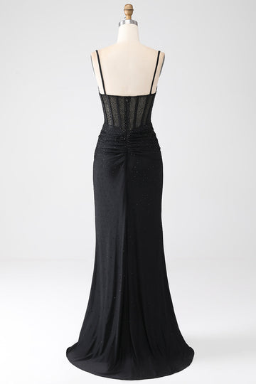 Sparkly Mermaid Spaghetti Straps Black Long Ball Dress with Beading